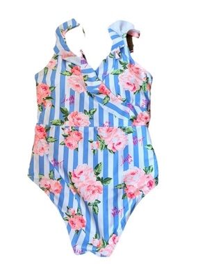 Betsey Johnson Blue & Pink Striped Floral One-Piece Swimsuit